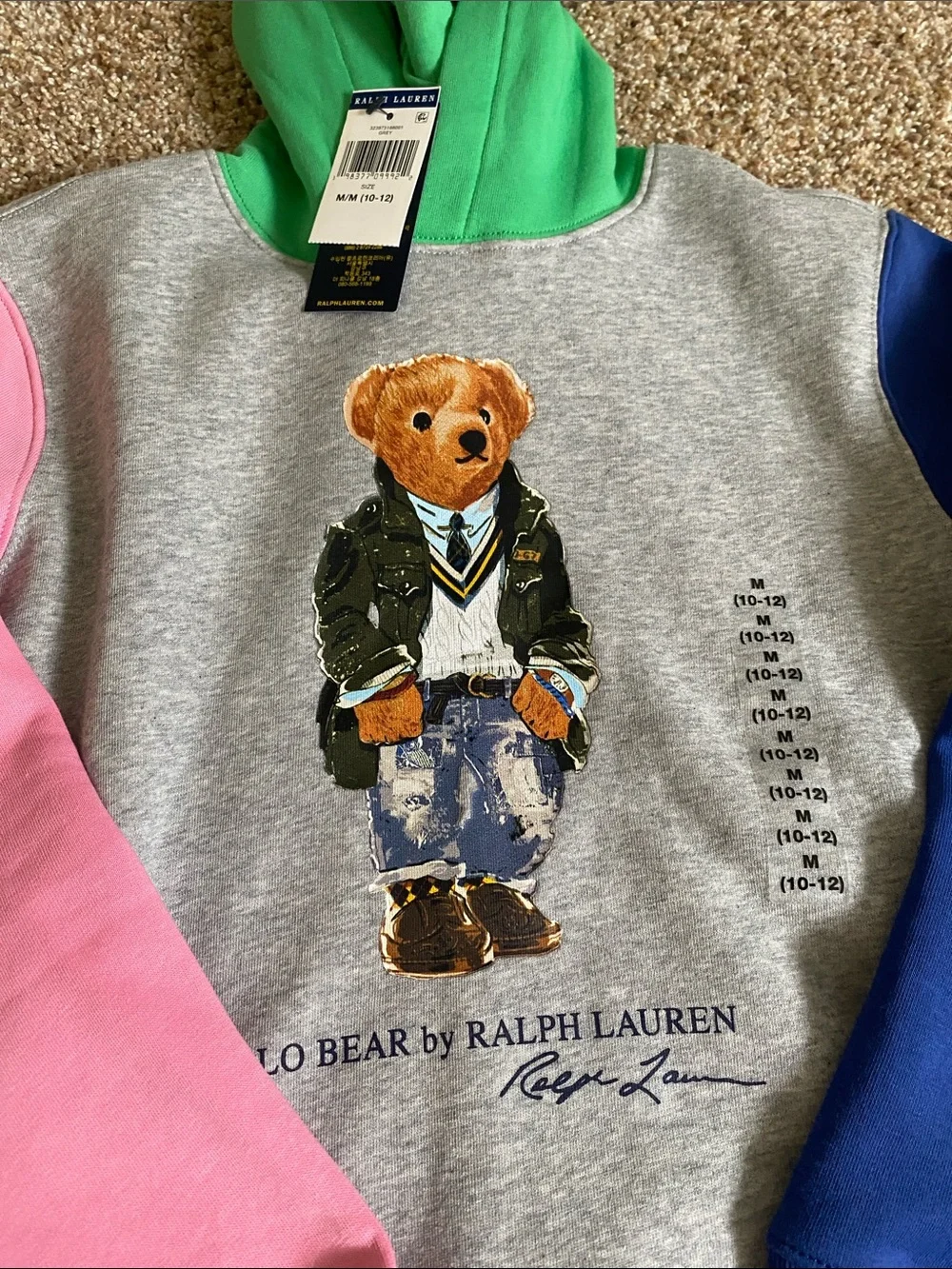 Ralph Lauren Kids Polo Bear Hoodie in Gray with Pink, Blue & Green